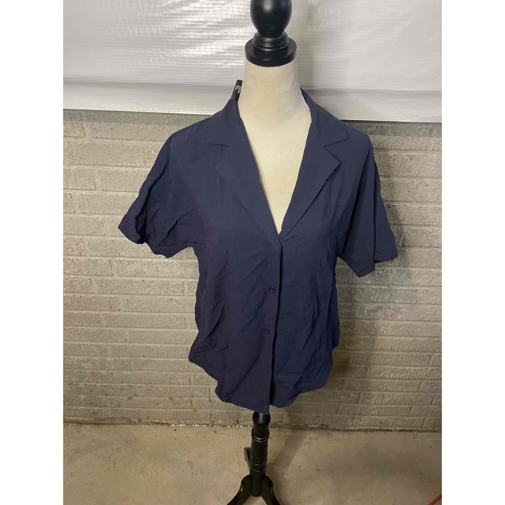 NWT Amazon Womens Navy Blue Oversized Short Sleeve Button Down Shirt Size Small‎